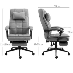 Fauteuil de Bureau Ergonomique avec Appui-Tête et Repose-Pieds - Réglable en Hauteur - Lin, 66x76x120 cm, Gris Clair