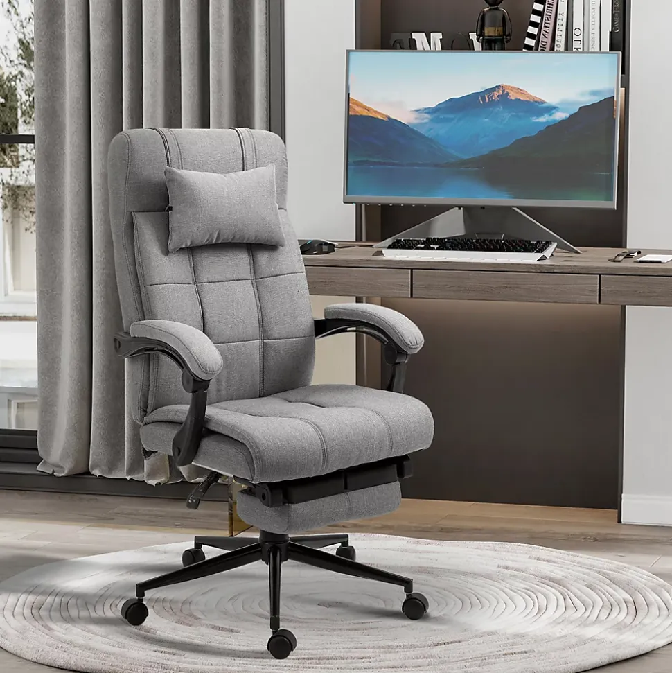 Fauteuil de Bureau Ergonomique avec Appui-Tête et Repose-Pieds - Réglable en Hauteur - Lin, 66x76x120 cm, Gris Clair