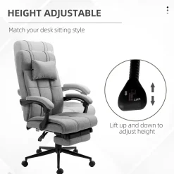 Fauteuil de Bureau Ergonomique avec Appui-Tête et Repose-Pieds - Réglable en Hauteur - Lin, 66x76x120 cm, Gris Clair