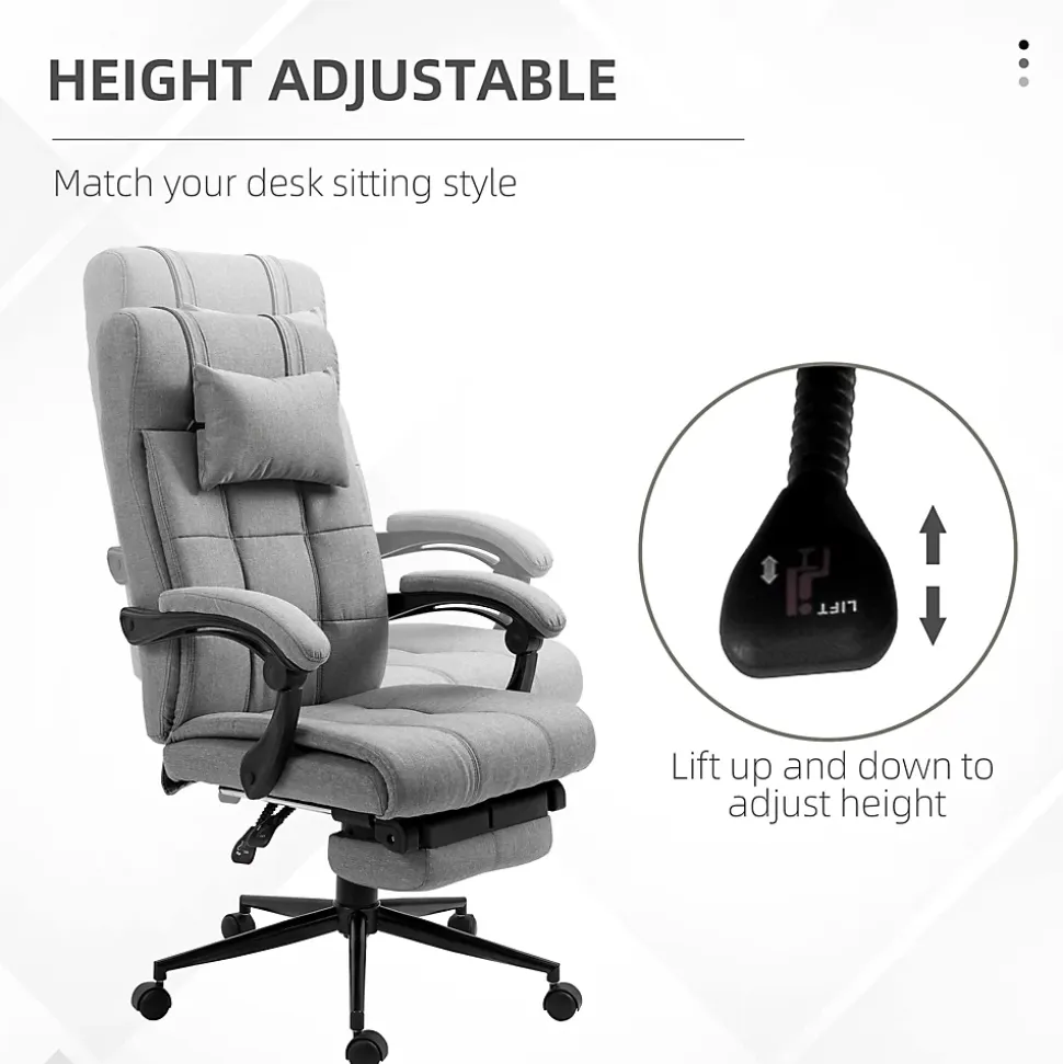Fauteuil de Bureau Ergonomique avec Appui-Tête et Repose-Pieds - Réglable en Hauteur - Lin, 66x76x120 cm, Gris Clair