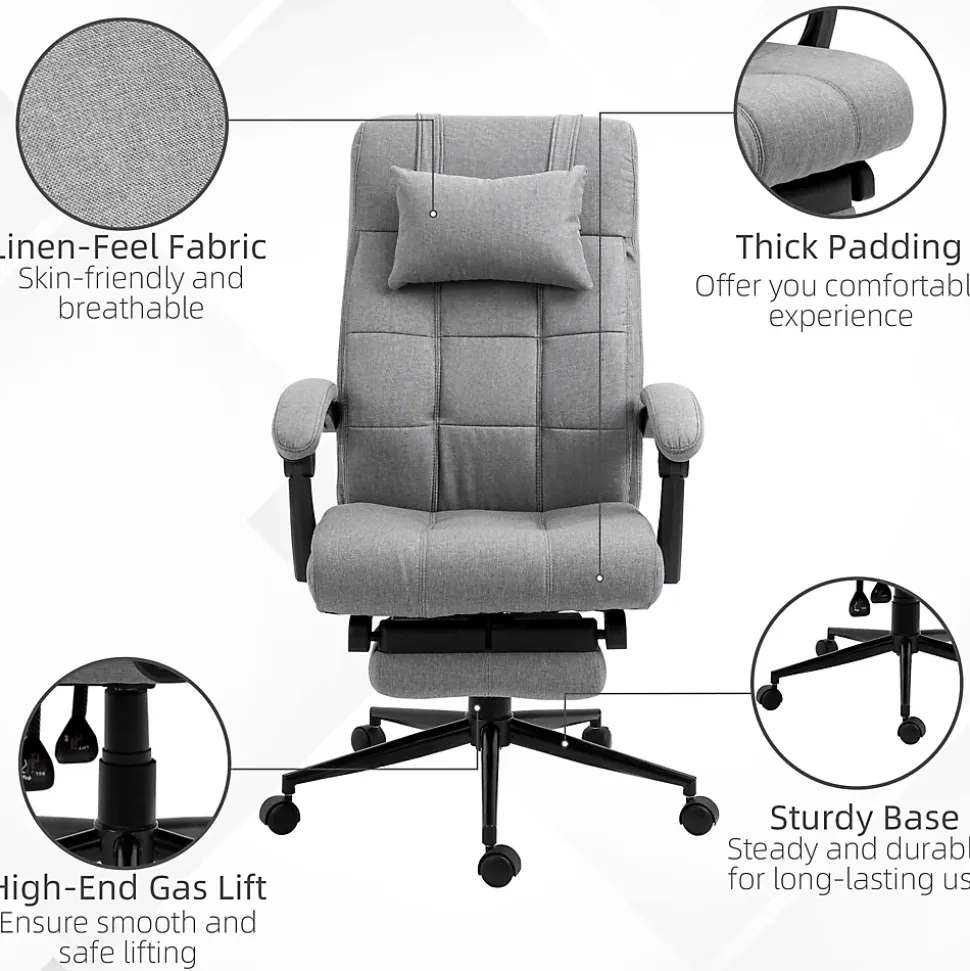 Fauteuil de Bureau Ergonomique avec Appui-Tête et Repose-Pieds - Réglable en Hauteur - Lin, 66x76x120 cm, Gris Clair