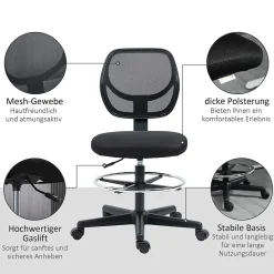 Fauteuil de Bureau Ergonomique - Chaise Assis-debout Réglable avec Repose-Pieds Pivotant, Tabouret Haute Stabilité, Noir