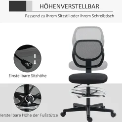 Fauteuil de Bureau Ergonomique - Chaise Assis-debout Réglable avec Repose-Pieds Pivotant, Tabouret Haute Stabilité, Noir