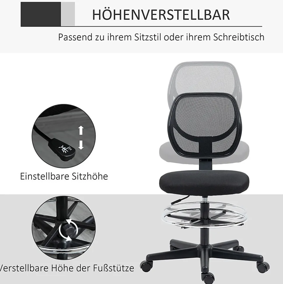 Fauteuil de Bureau Ergonomique - Chaise Assis-debout Réglable avec Repose-Pieds Pivotant, Tabouret Haute Stabilité, Noir