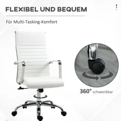 Fauteuil de Bureau Ergonomique - Chaise Pivotante avec Roulettes Métal, Réglable 120 kg, PU, Blanc, 54x62x114 cm