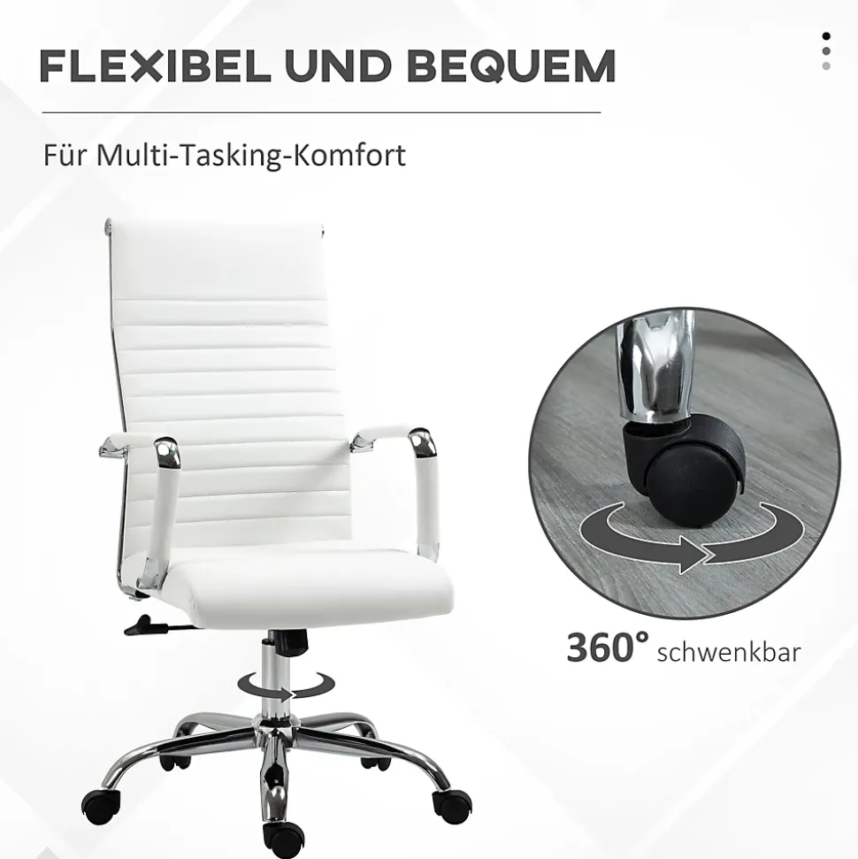 Fauteuil de Bureau Ergonomique - Chaise Pivotante avec Roulettes Métal, Réglable 120 kg, PU, Blanc, 54x62x114 cm