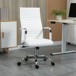Fauteuil de Bureau Ergonomique - Chaise Pivotante avec Roulettes Métal, Réglable 120 kg, PU, Blanc, 54x62x114 cm