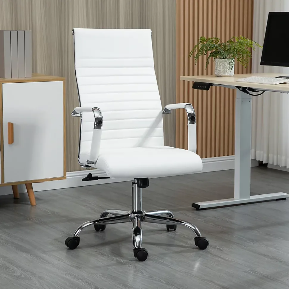 Fauteuil de Bureau Ergonomique - Chaise Pivotante avec Roulettes Métal, Réglable 120 kg, PU, Blanc, 54x62x114 cm