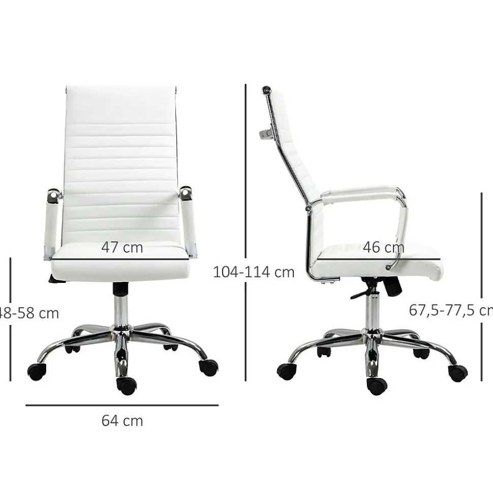 Fauteuil de Bureau Ergonomique - Chaise Pivotante avec Roulettes Métal, Réglable 120 kg, PU, Blanc, 54x62x114 cm