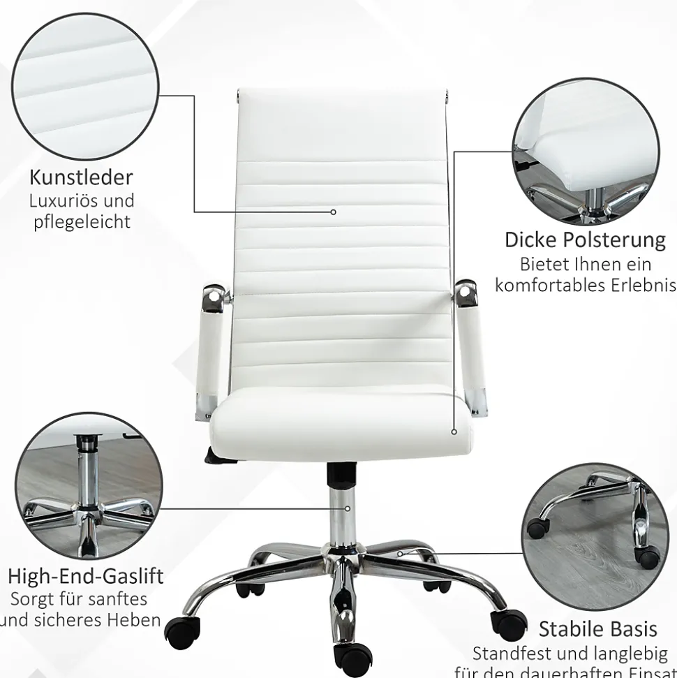 Fauteuil de Bureau Ergonomique - Chaise Pivotante avec Roulettes Métal, Réglable 120 kg, PU, Blanc, 54x62x114 cm