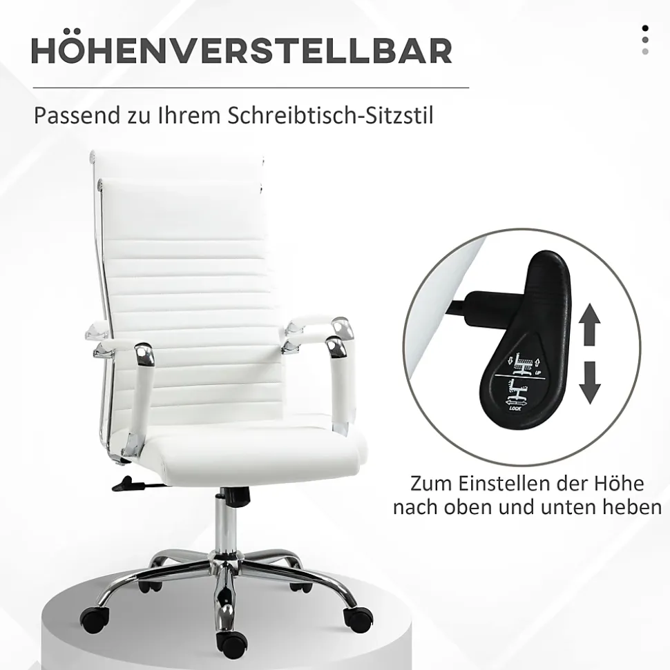 Fauteuil de Bureau Ergonomique - Chaise Pivotante avec Roulettes Métal, Réglable 120 kg, PU, Blanc, 54x62x114 cm