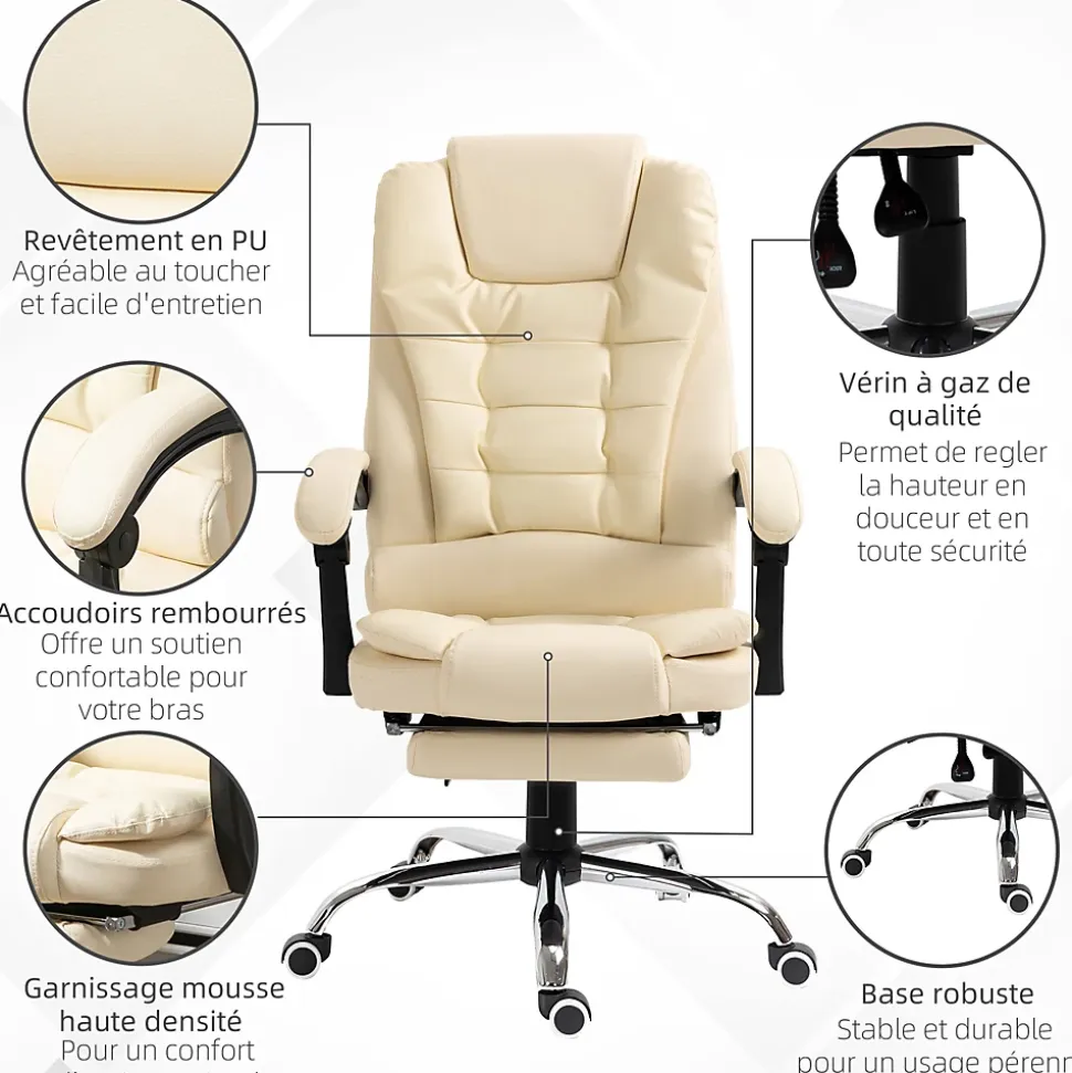 Fauteuil de bureau fauteuil manager grand confort réglable dossier inclinable repose-pied revêtement synthétique crème