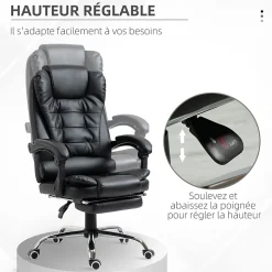 Fauteuil de bureau fauteuil manager grand confort réglable dossier inclinable repose-pied revêtement synthétique noir