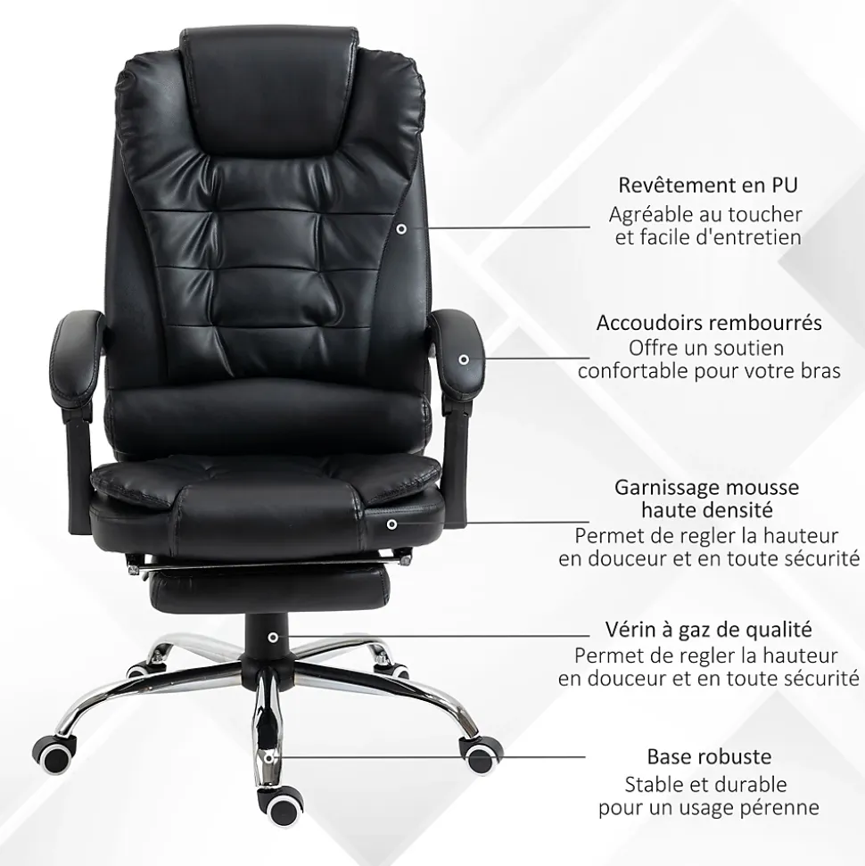 Fauteuil de bureau fauteuil manager grand confort réglable dossier inclinable repose-pied revêtement synthétique noir