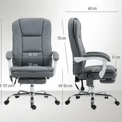 Fauteuil de bureau massant chauffant inclinable repose-pieds rétractable tissu toucher lin gris