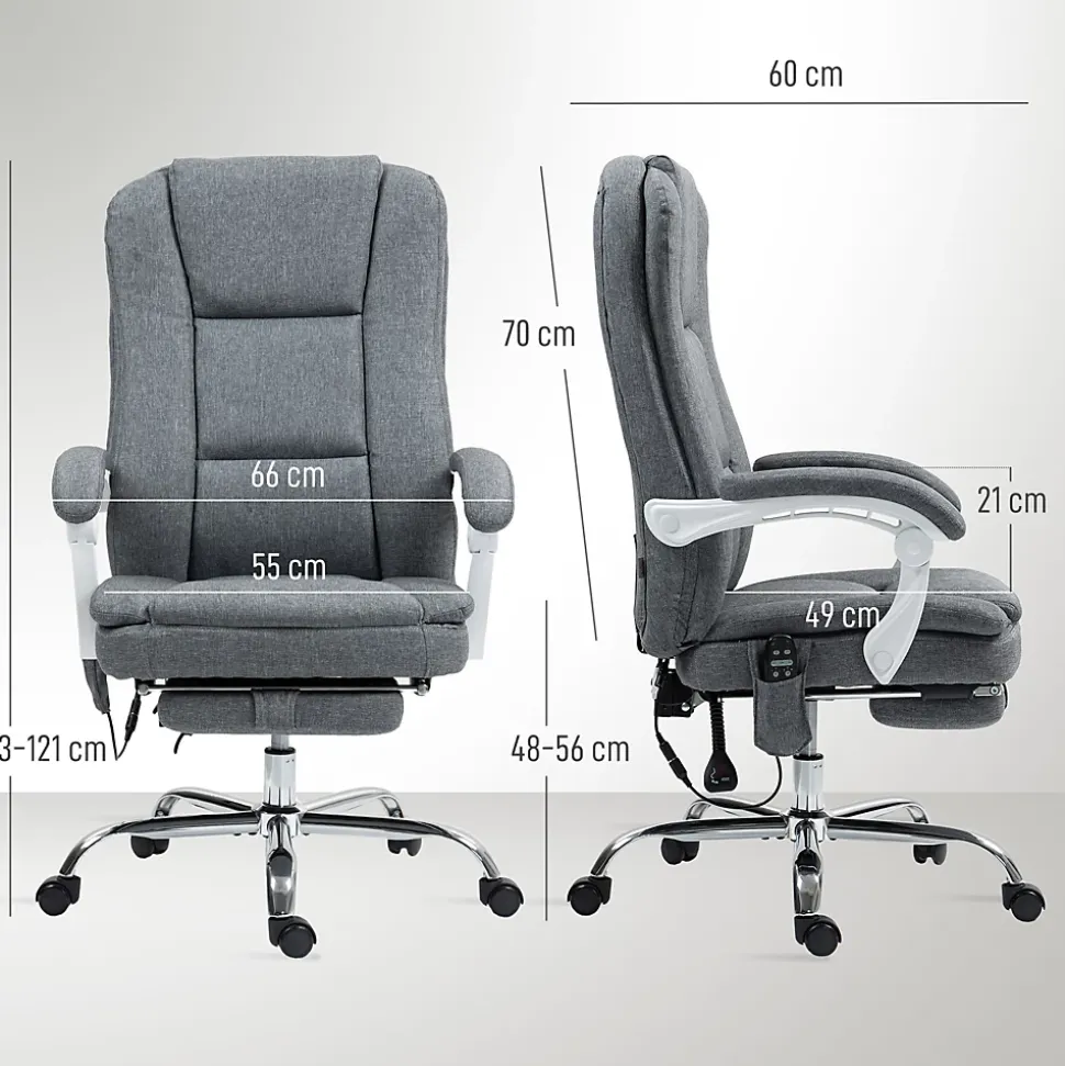 Fauteuil de bureau massant chauffant inclinable repose-pieds rétractable tissu toucher lin gris