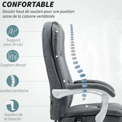 Fauteuil de bureau massant chauffant inclinable repose-pieds rétractable tissu toucher lin gris