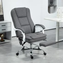 Fauteuil de bureau massant chauffant inclinable repose-pieds rétractable tissu toucher lin gris