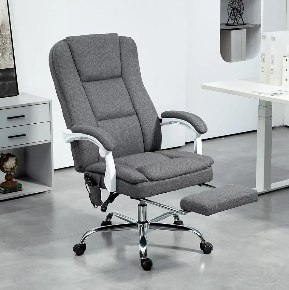 Fauteuil de bureau massant chauffant inclinable repose-pieds rétractable tissu toucher lin gris