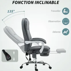 Fauteuil de bureau massant chauffant inclinable repose-pieds rétractable tissu toucher lin gris