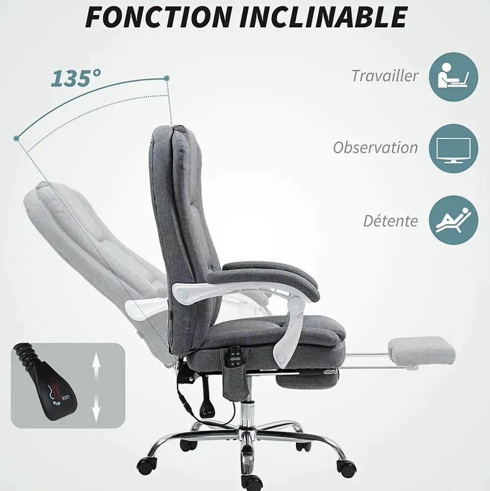 Fauteuil de bureau massant chauffant inclinable repose-pieds rétractable tissu toucher lin gris