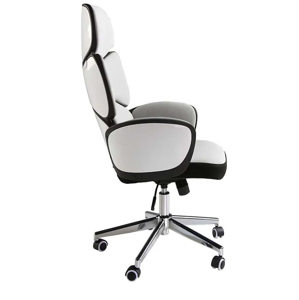Fauteuil de bureau moderne pivotant en tissu gris clair et PVC blanc brillant