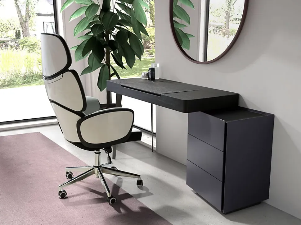 Fauteuil de bureau moderne pivotant en tissu gris clair et PVC blanc brillant
