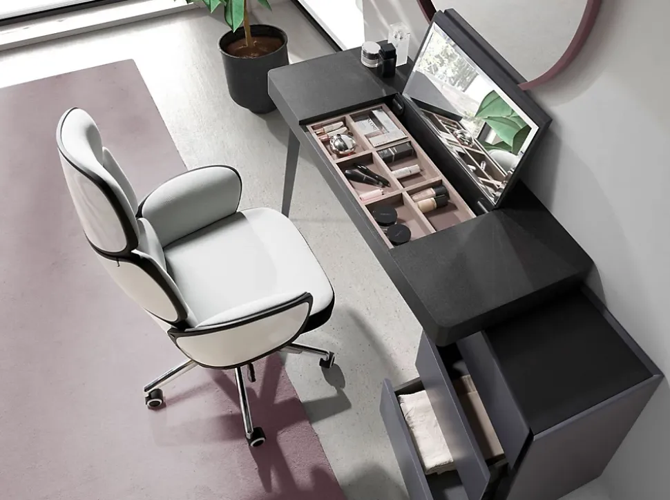 Fauteuil de bureau moderne pivotant en tissu gris clair et PVC blanc brillant