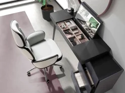 Fauteuil de bureau moderne pivotant en tissu gris clair et PVC blanc brillant