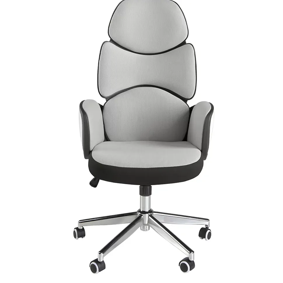 Fauteuil de bureau moderne pivotant en tissu gris clair et PVC blanc brillant