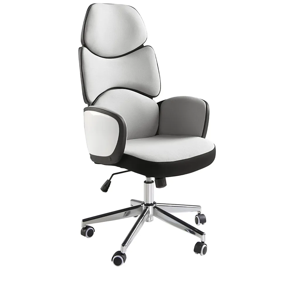 Fauteuil de bureau moderne pivotant en tissu gris clair et PVC blanc brillant