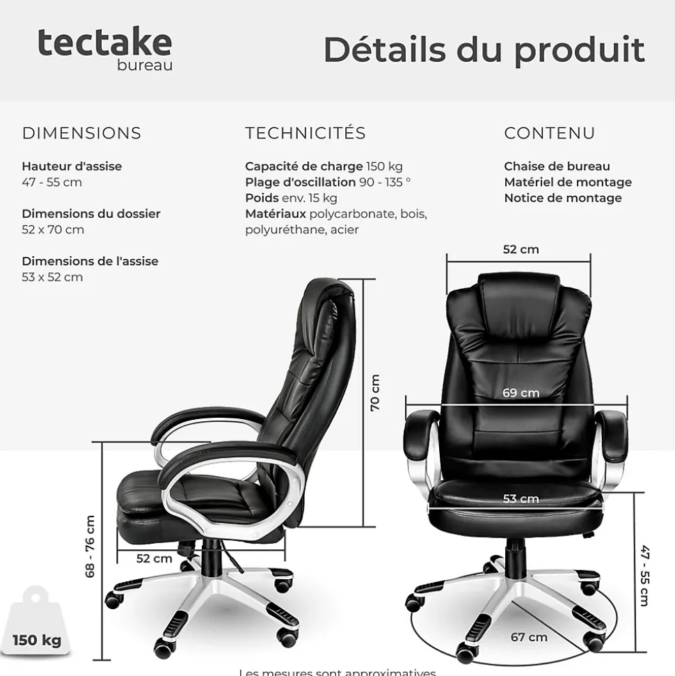 Fauteuil de bureau Rotatif à 360 et réglable en hauteur noir