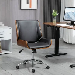 Fauteuil de bureau rétro, chaise de bureau en bois réglable en hauteur, pivotante avec fonction bascule, design élégant, noir