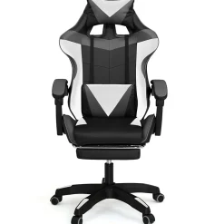 Fauteuil de gaming ALEX réglable avec repose-pied, coussin de tête et coussin lombaire noir blanc et gris