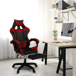 Fauteuil de gaming ALEX réglable avec repose-pied, coussin de tête et coussin lombaire noir et rouge