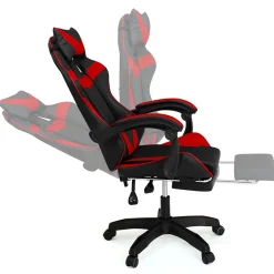 Fauteuil de gaming ALEX réglable avec repose-pied, coussin de tête et coussin lombaire noir et rouge
