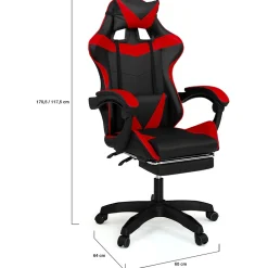 Fauteuil de gaming ALEX réglable avec repose-pied, coussin de tête et coussin lombaire noir et rouge