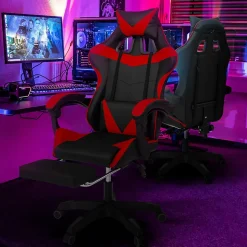 Fauteuil de gaming ALEX réglable avec repose-pied, coussin de tête et coussin lombaire noir et rouge