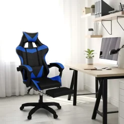 Fauteuil de gaming ALEX réglable avec repose-pied, coussin de tête et coussin lombaire noir et bleu