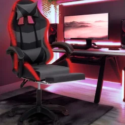 Fauteuil de gaming LED LUC avec repose-pied, coussin de tête et support lombaire noir et gris