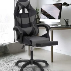 Fauteuil de gaming LED LUC avec repose-pied, coussin de tête et support lombaire noir et gris