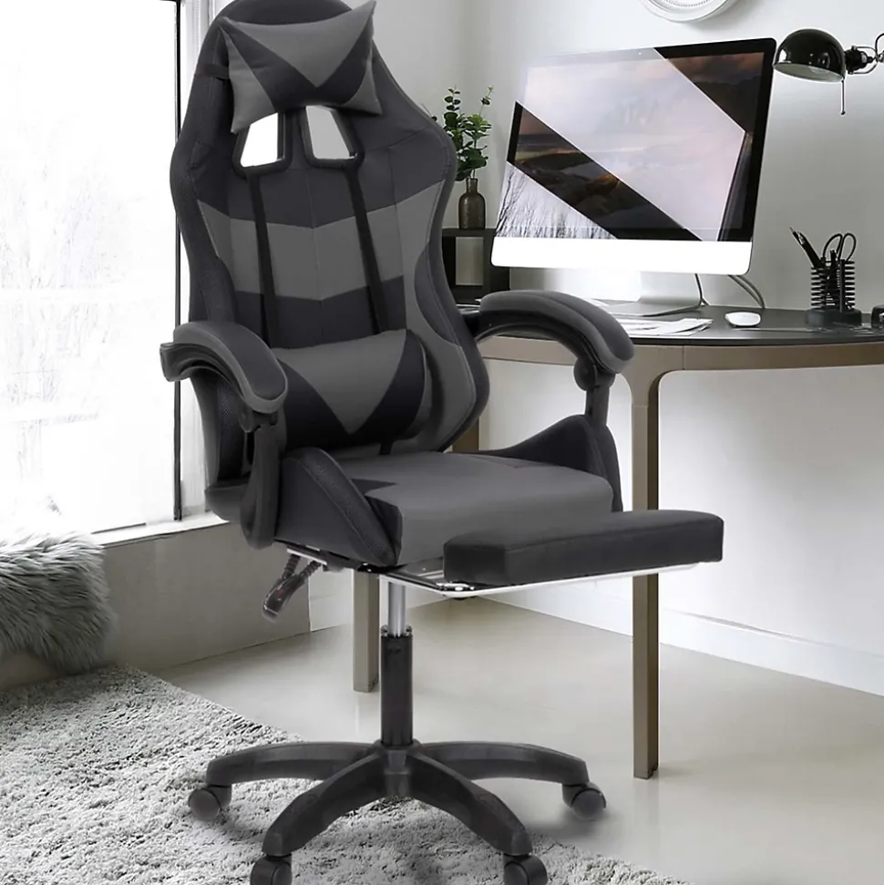 Fauteuil de gaming LED LUC avec repose-pied, coussin de tête et support lombaire noir et gris