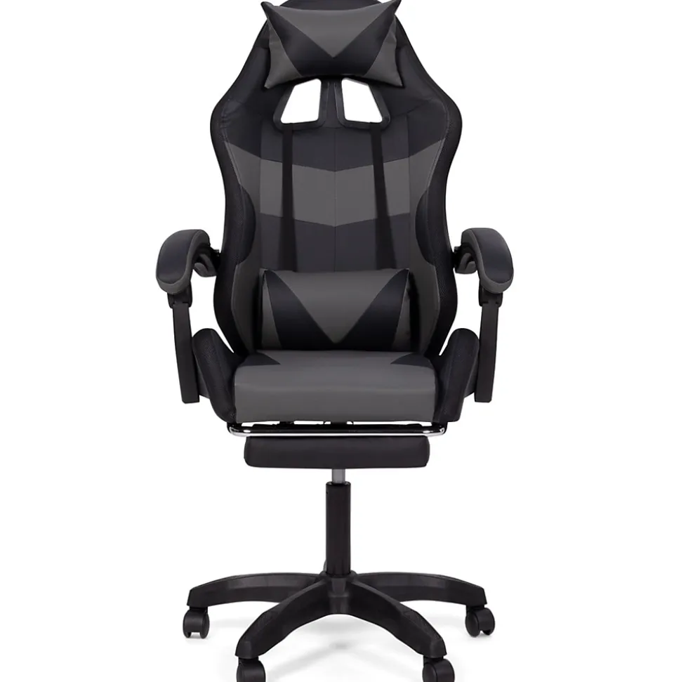 Fauteuil de gaming LED LUC avec repose-pied, coussin de tête et support lombaire noir et gris