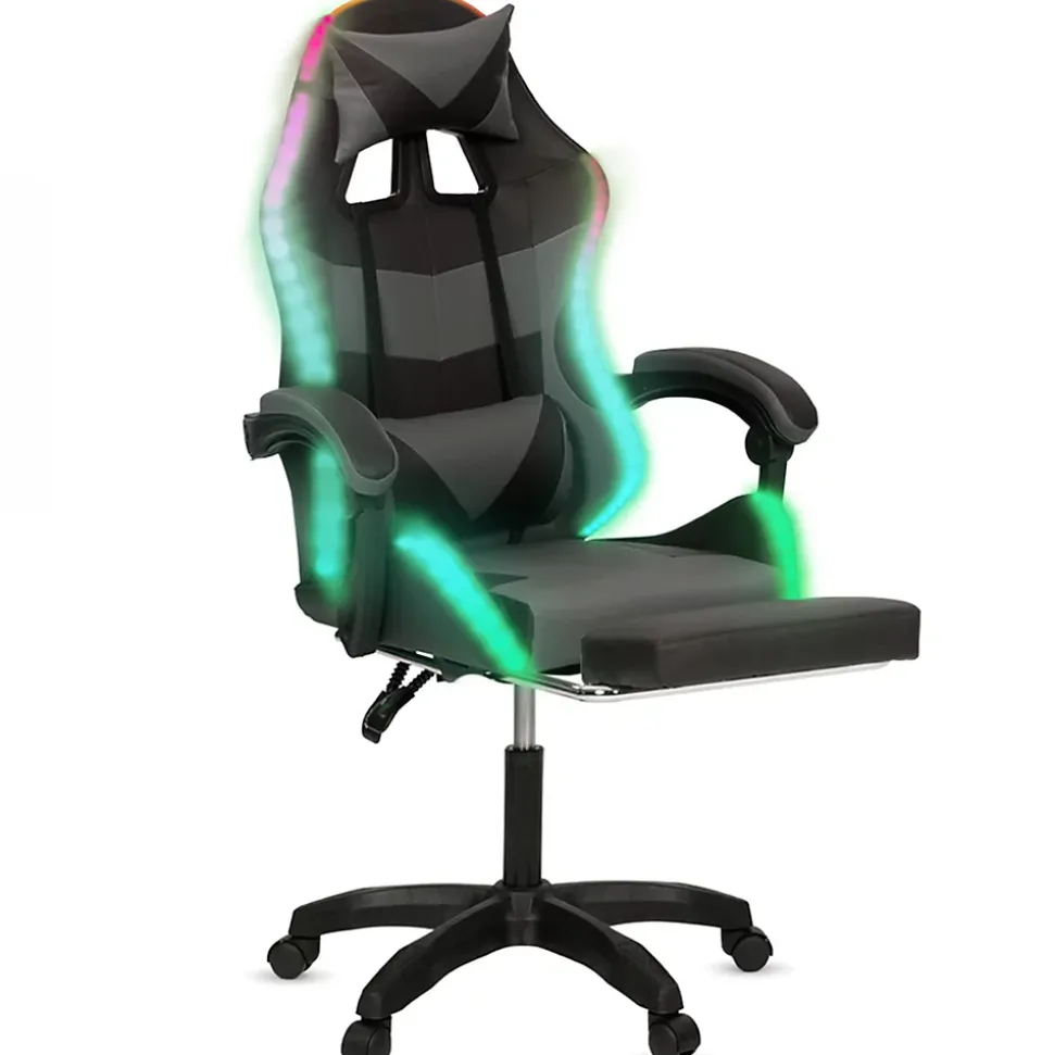 Fauteuil de gaming LED LUC avec repose-pied, coussin de tête et support lombaire noir et gris