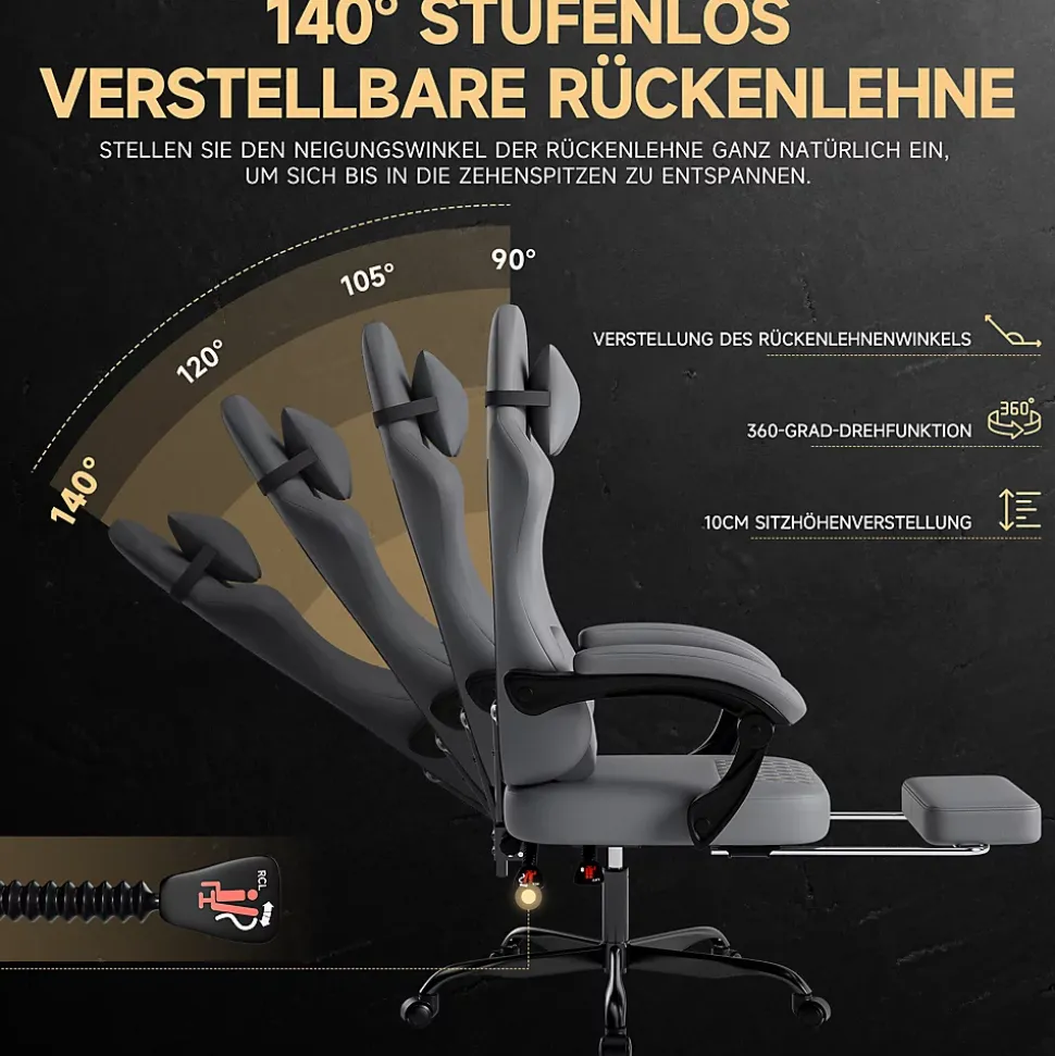 Fauteuil Gamer - Cuir avec Repose-Pieds et Soutien Lombaire, Inclinable Pour Bureau et Ordinateur, Gris