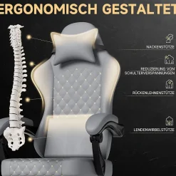 Fauteuil Gamer - Cuir avec Repose-Pieds et Soutien Lombaire, Inclinable Pour Bureau et Ordinateur, Gris