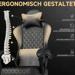 Fauteuil Gamer Fauteuil Cuir avec Repose-Pieds et Soutien Lombaire - Ergonomique Inclinable pour Bureau et Ordinateur - Noir