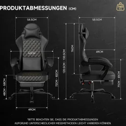 Fauteuil Gamer Fauteuil Cuir avec Repose-Pieds et Soutien Lombaire - Ergonomique Inclinable pour Bureau et Ordinateur - Noir