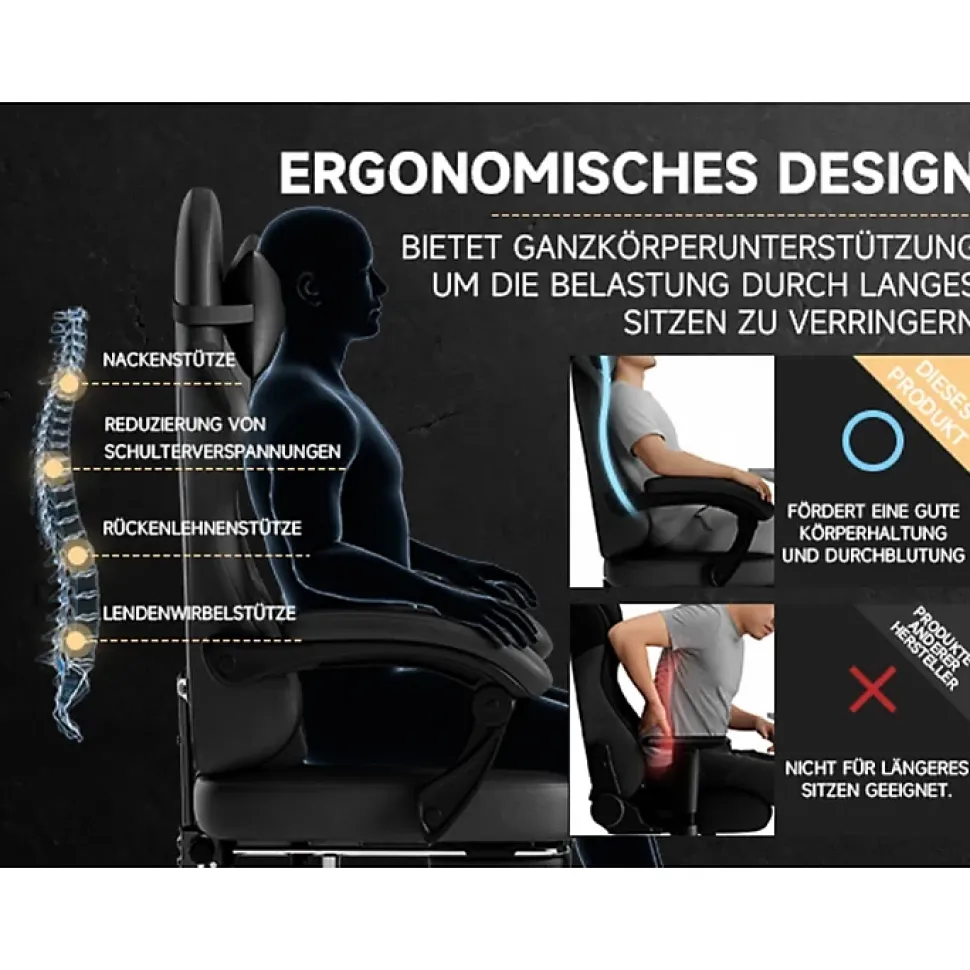 Fauteuil Gamer Fauteuil Cuir avec Repose-Pieds et Soutien Lombaire - Ergonomique Inclinable pour Bureau et Ordinateur - Noir