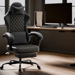 Fauteuil Gamer Fauteuil Cuir avec Repose-Pieds et Soutien Lombaire - Ergonomique Inclinable pour Bureau et Ordinateur - Noir